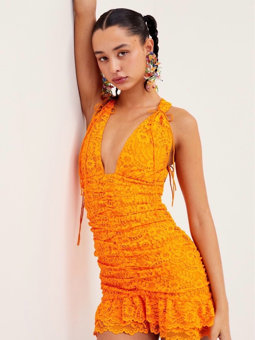 For Love And Lemons Bright Orange Lace Plunge Mini Dress